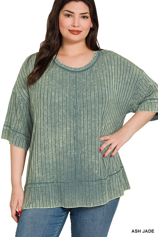 Ribbed Drop Shoulder Half Sleeve Top